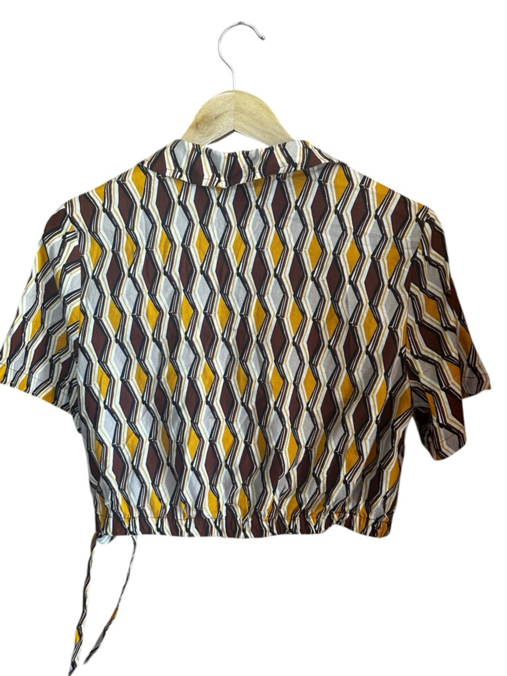 New RACHEL Rachel Roy Yellow and Brown Geometric Wrap Linen Top Tie Waist S NWOT - Picture 3 of 8